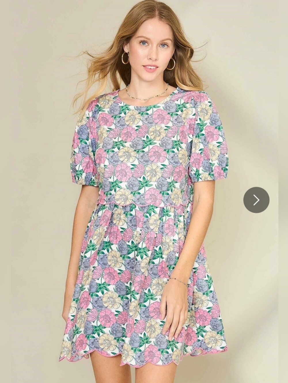 UMGEE-Floral Puff Sleeve Babydoll Dress in Pink & Green with Scallop Details